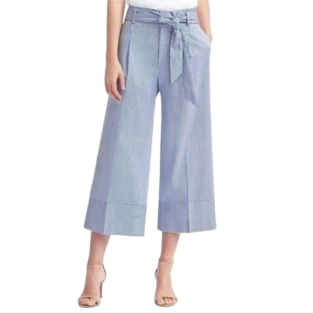 BANANA REPUBLIC Blue & White Stripe Tie-Waist Wide-Leg Crop Pants Size 2